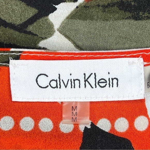 MEDIUM CALVIN KLEIN TROPICAL PRINT SHORT SLEEVE BLOUSE BEIGE RED GREEN LEAF - Picture 10 of 12